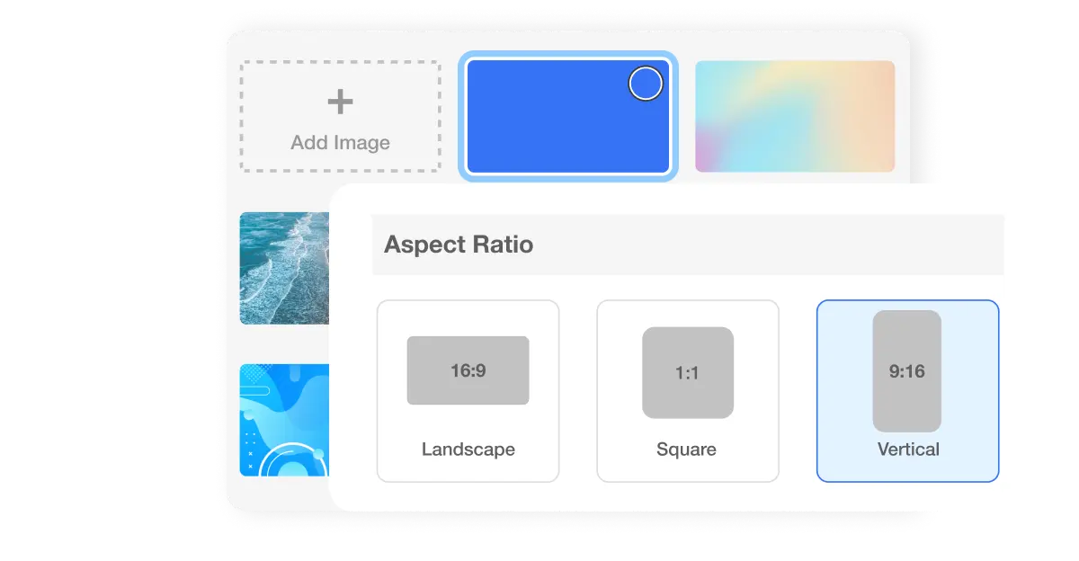 Mobile video editing app interface showing aspect ratio options for landscape, square, and vertical video scenes